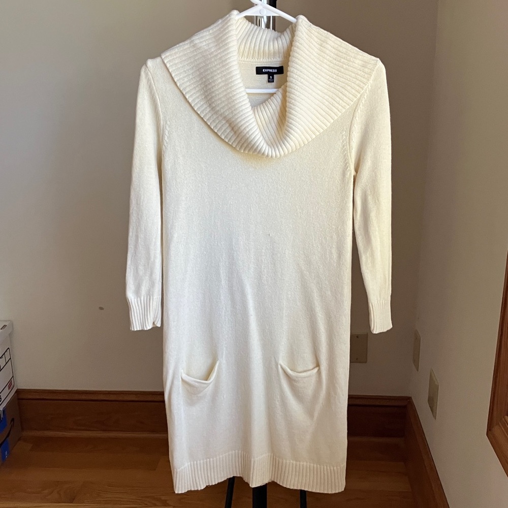 Express Cream Cowl Neck Sweater Dress